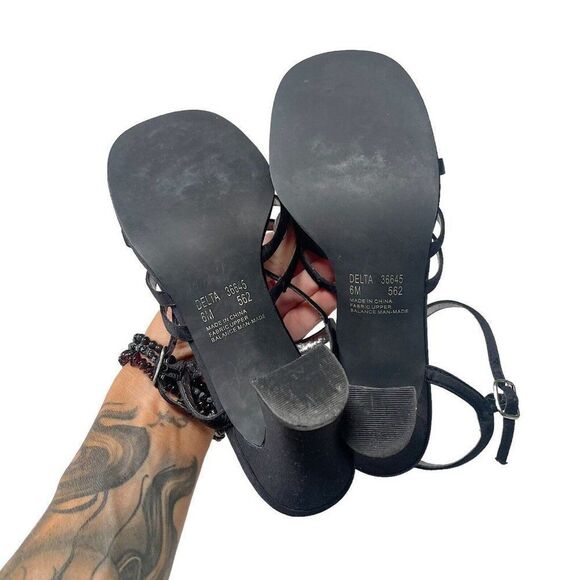 Vintage y2k 00’s Mudd black satin ankle strap buckled heeled sandals size 8 - Picture 8 of 9